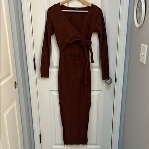 AKIRA Brown Ribbed Tie Front Sweater Dress